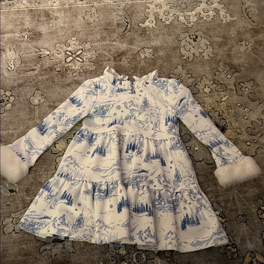 Janie and Jack Blue and White Long Sleeve Dress with Fur Cuffs - Frozen